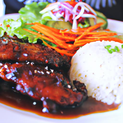 Deliciously glazed Hawaiian grilled teriyaki chicken served with steamed rice and a fresh salad.